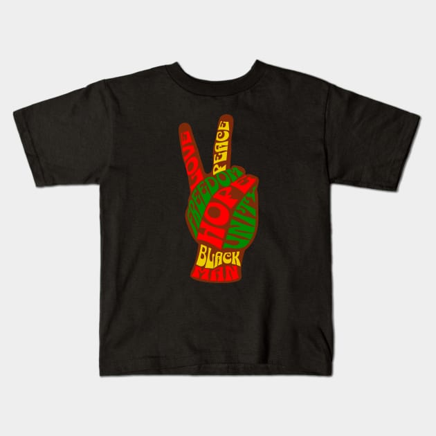 Unity in Diversity: Celebrating Love, Peace, Freedom, unity and Black Men | Hand In The Shape Of A Peace Sign Kids T-Shirt by Harlems Gee